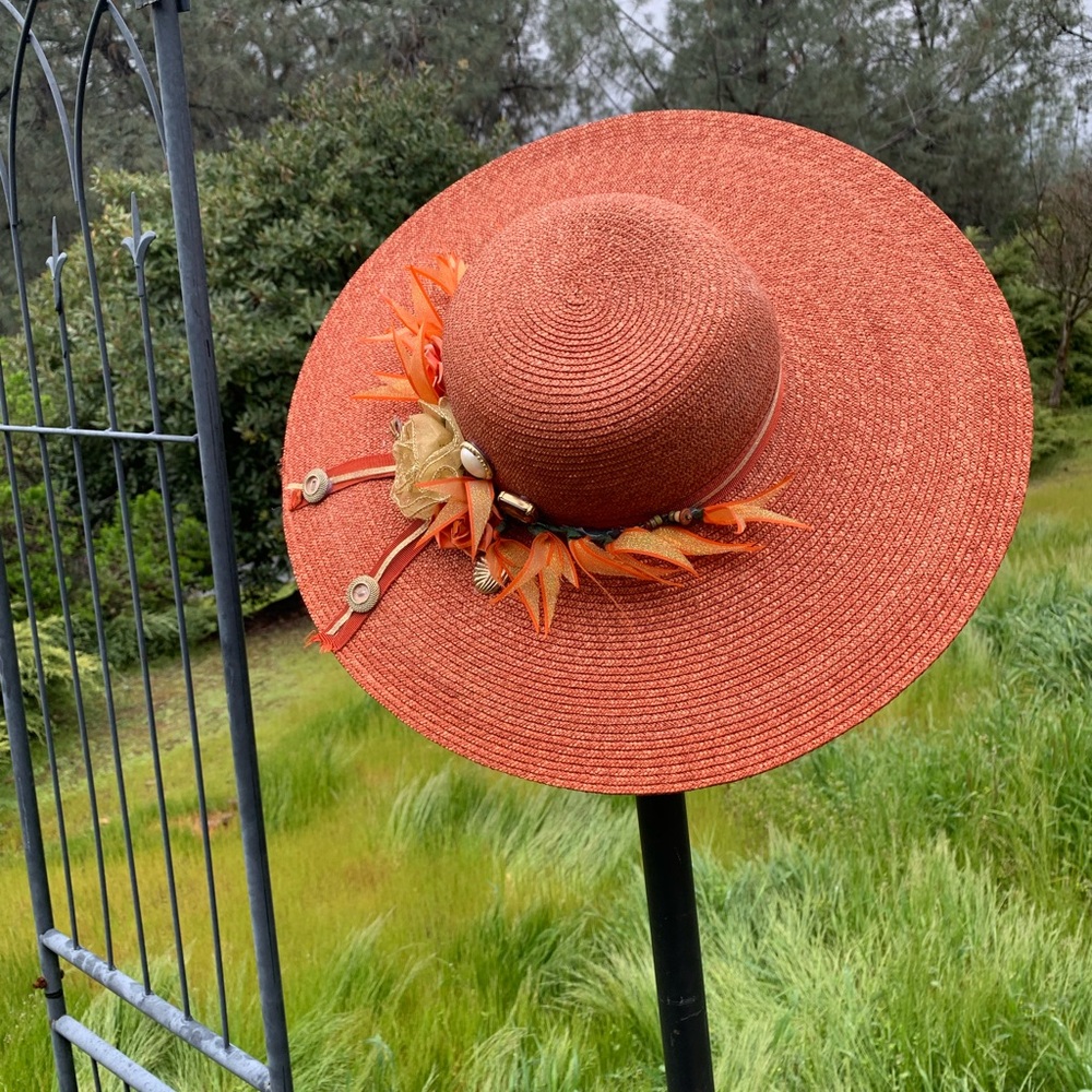 Kreativekristen upcycled Orange wide brim straw Hat with Floral Accents - Picture 12 of 12